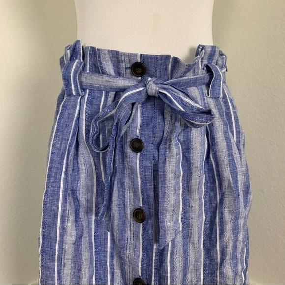 H&M Linen Striped Skirt Size 14 Paper Bag Waist Pockets Chambray - Picture 4 of 12